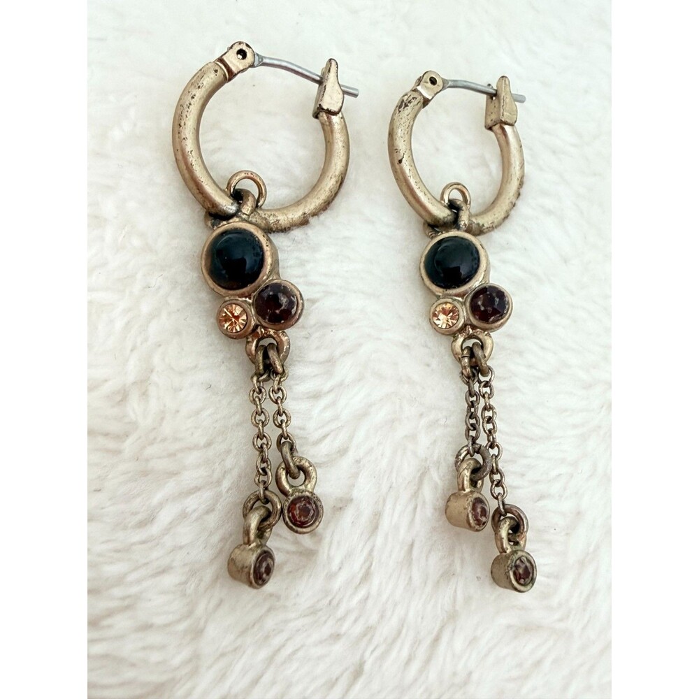 Vintage Antique Brass Hoop Dangle Earrings Rhinestone Chain Drop Boho